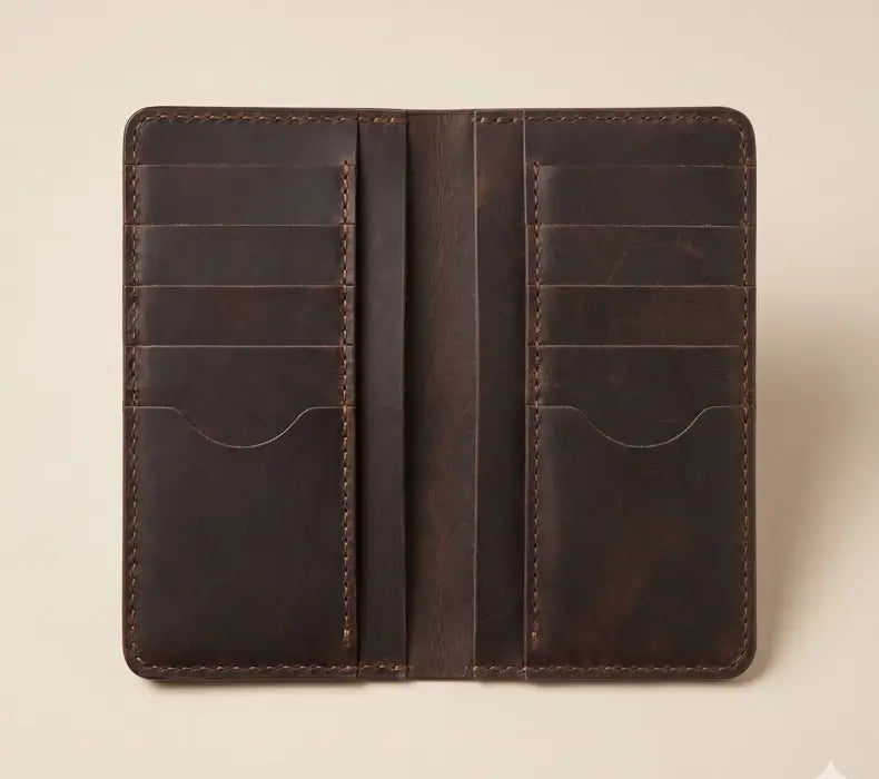 Brown leather wallet on a beige background