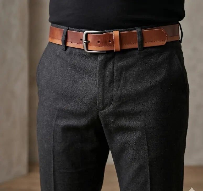 Dark gray pants with a brown belt and black buckle on a neutral background