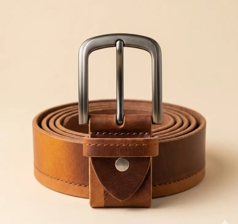 Brown leather belt with a silver buckle on a beige background