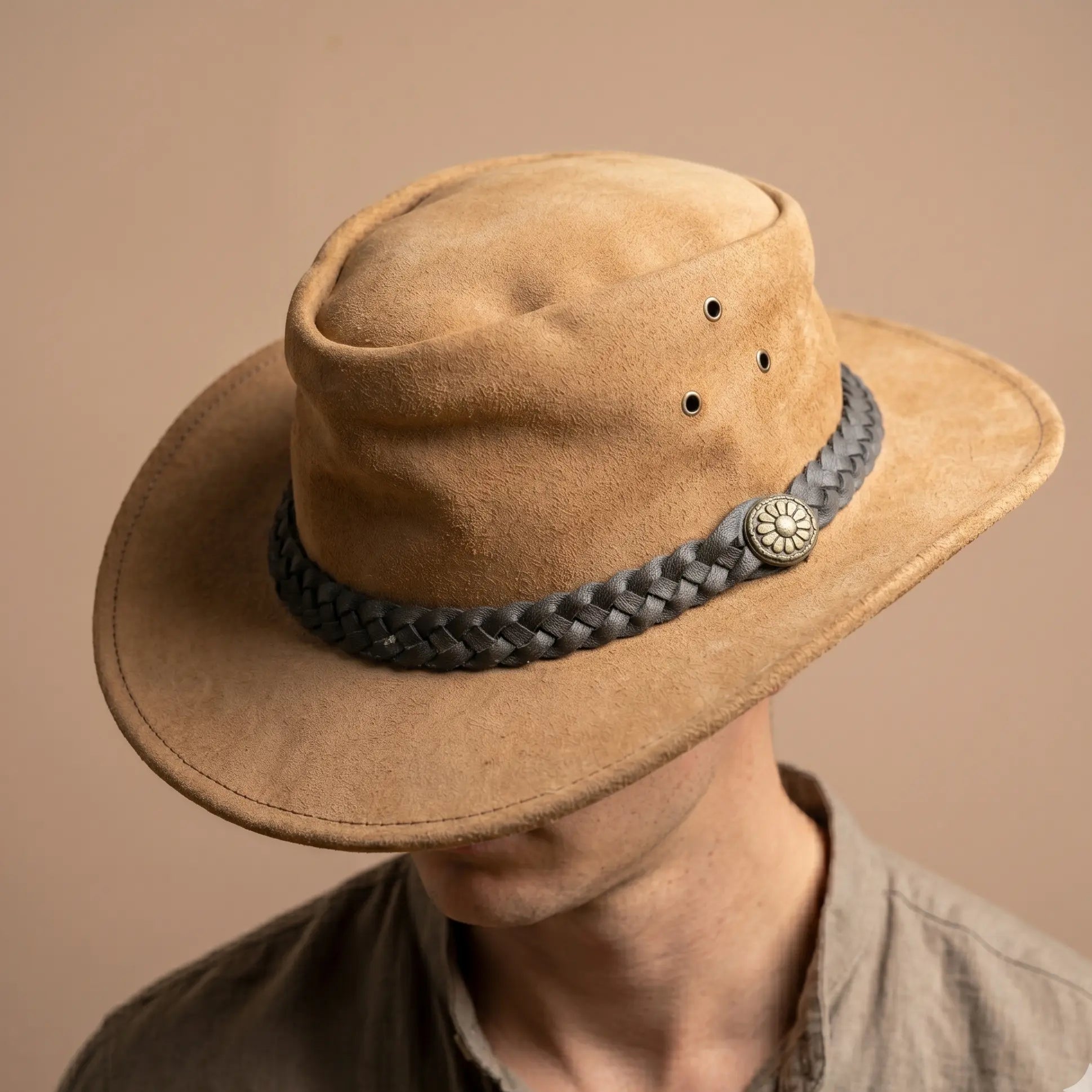 Brown cowboy hat with a braided leather band on a beige background