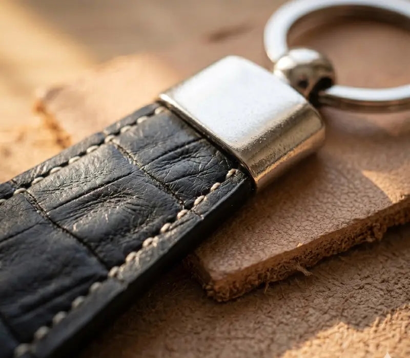 Black leather keychain with silver metal tag on a wooden surface