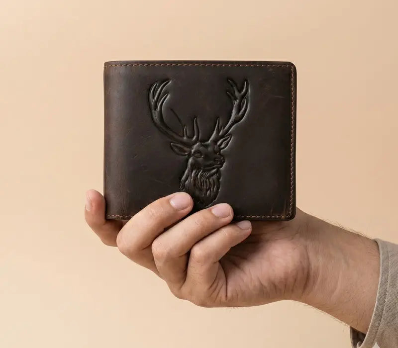 Brown leather wallet with deer embossing held by a hand against a beige background