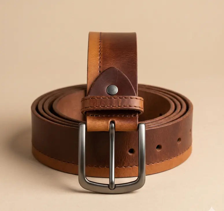 Brown leather belt with silver buckle on a beige background
