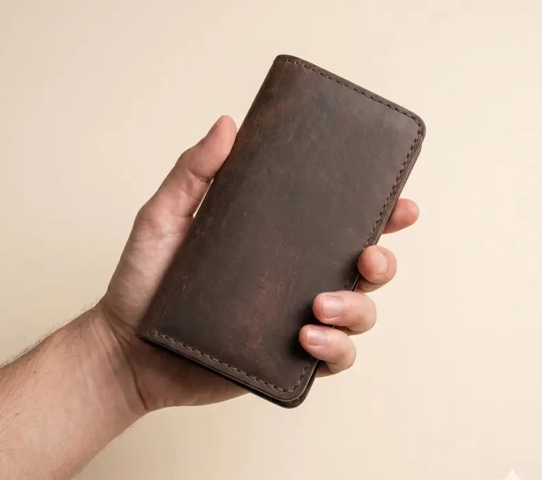 Hand holding a brown leather wallet against a beige background