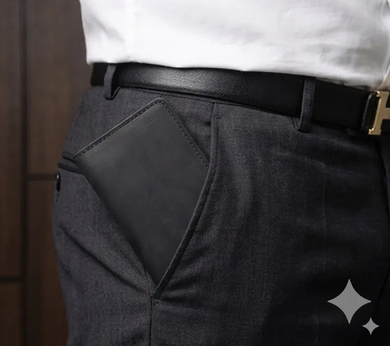 Close-up of dark gray pants with a gold belt buckle.