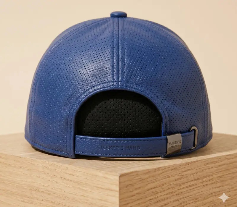 Blue textured cap on a wooden block with a beige background