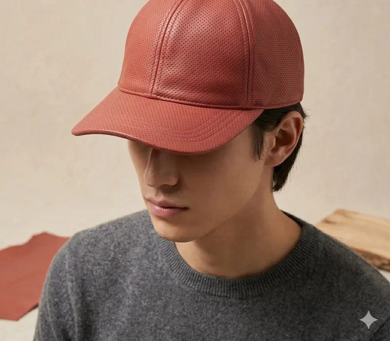 Rust Red Handmade Mix Leather P Cap – Perforated Full-Grain | JJ Leather Crafts