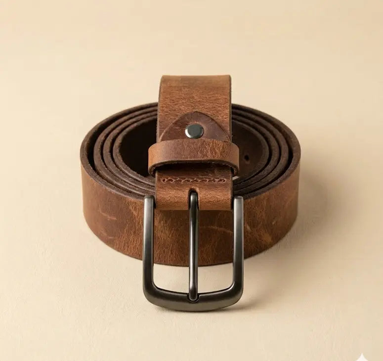 Brown leather belt with a black buckle on a beige background