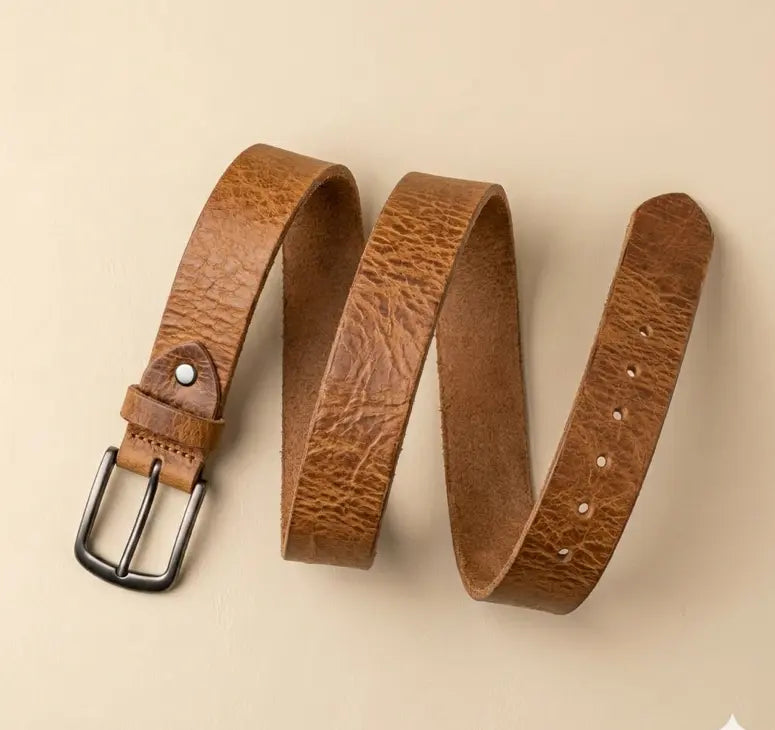 Brown leather belt with a black buckle on a beige background