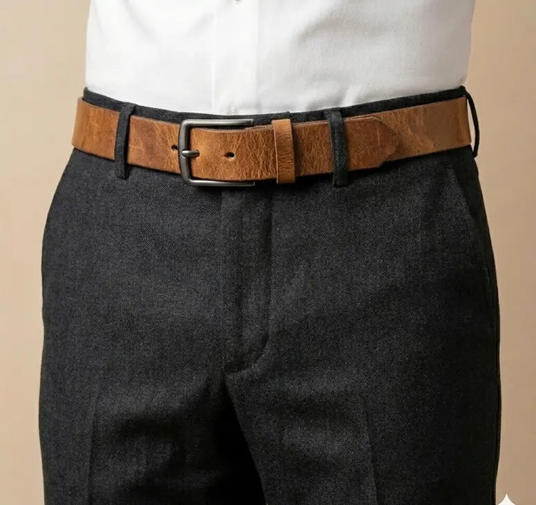 Brown belt with a silver buckle on gray pants against a beige background
