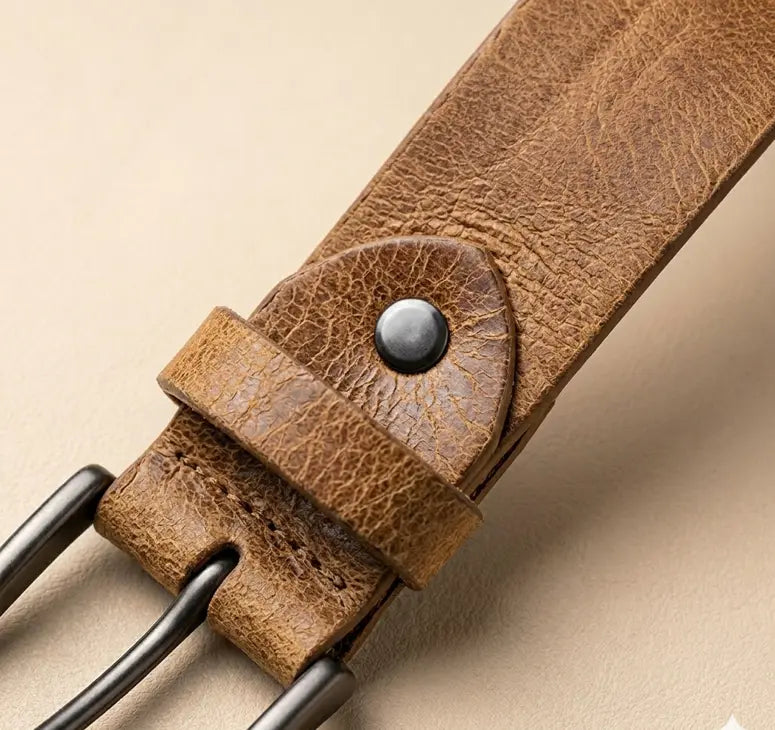 Close-up of a brown leather belt with a metal buckle on a beige background