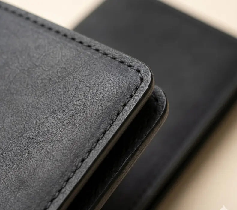 Close-up of a black leather wallet with stitching detail