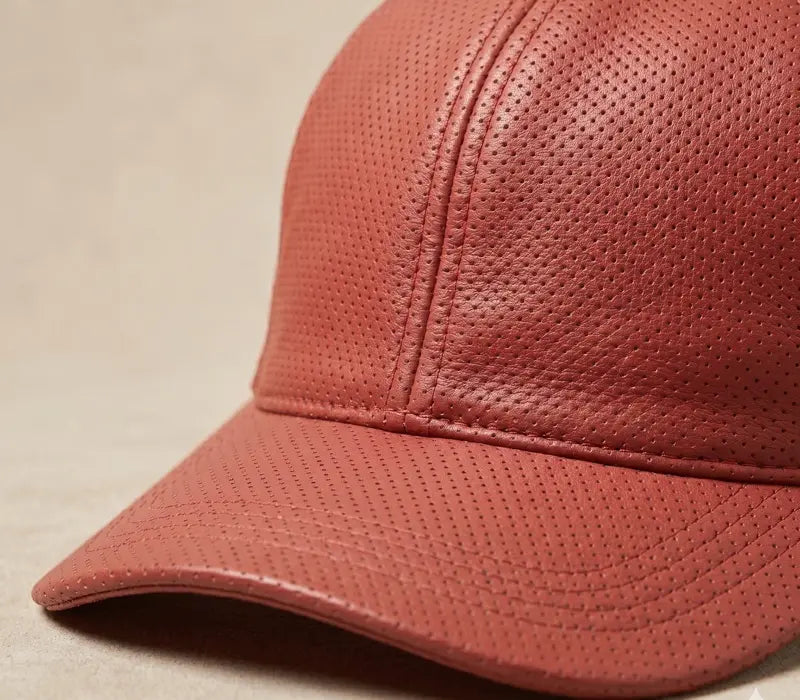 Red leather baseball cap on a beige background
