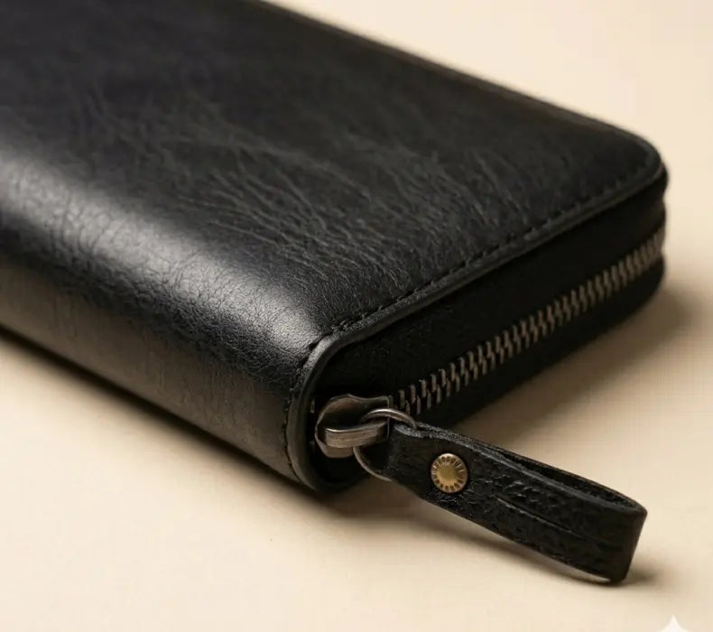 Black leather wallet with zipper on a beige background