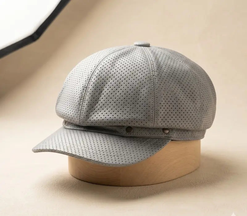 Gray perforated cap on a wooden mannequin head against a beige background