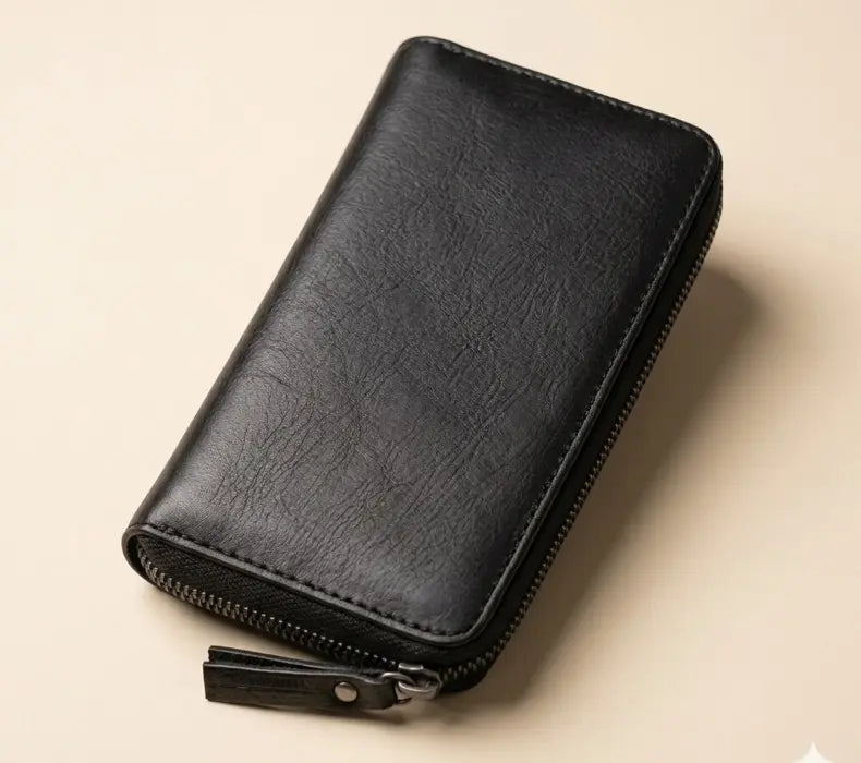 Black leather wallet with a zipper on a beige background