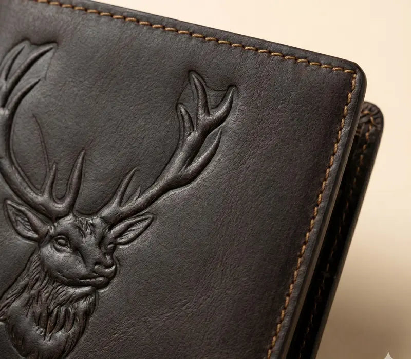 Brown leather wallet with embossed deer design on a beige background