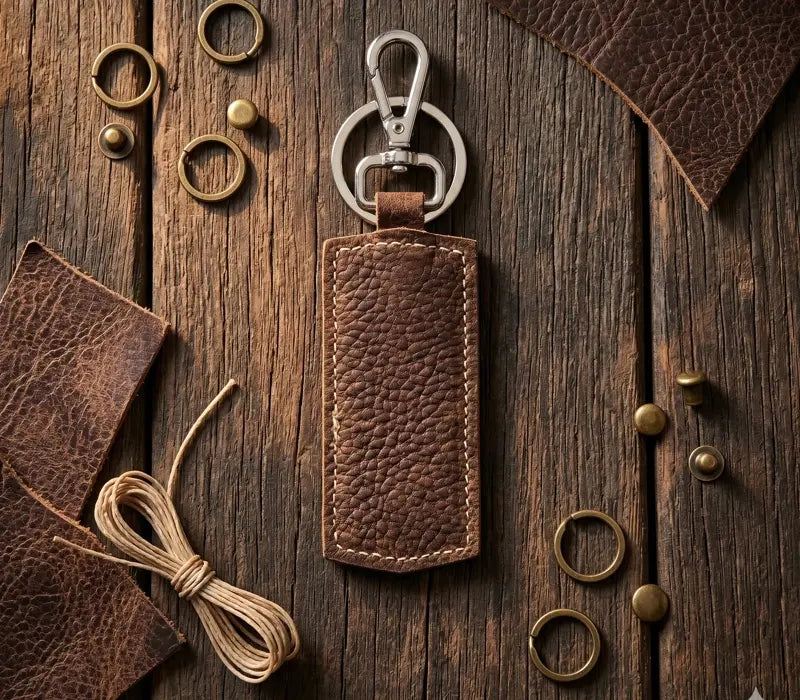 Brown leather keychain with metal clip on a wooden surface with leather pieces and gold rings.