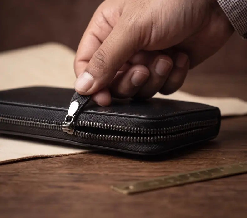 Hand zipping a black leather wallet on a wooden surface