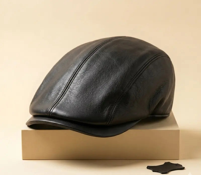 Black leather cap on a beige box with a beige background
