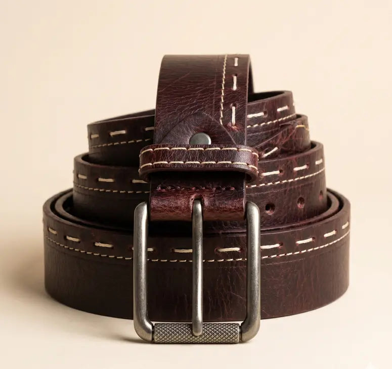Brown leather belt with silver buckle on a beige background