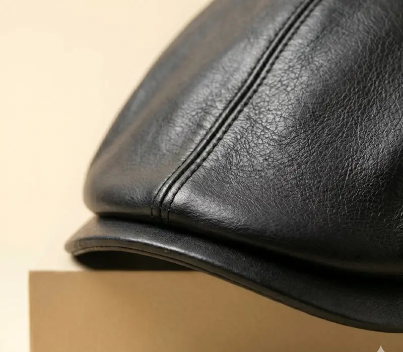 Close-up of a black leather cap on a beige background