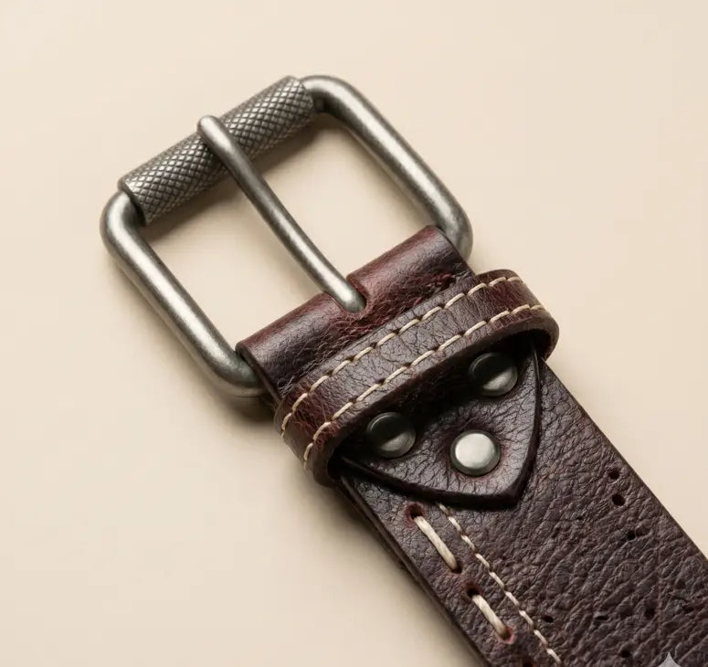 Close-up of a brown leather strap with a silver buckle on a beige background