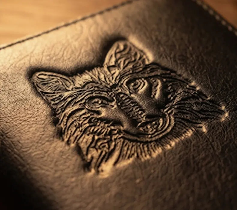Close-up of a leather surface with an embossed wolf design.