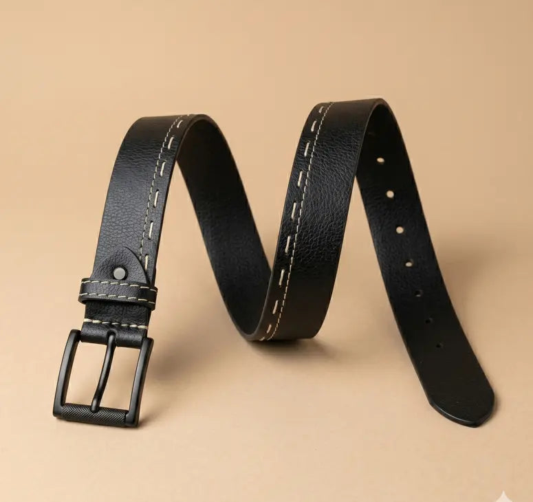 Black leather belt with a black buckle on a beige background