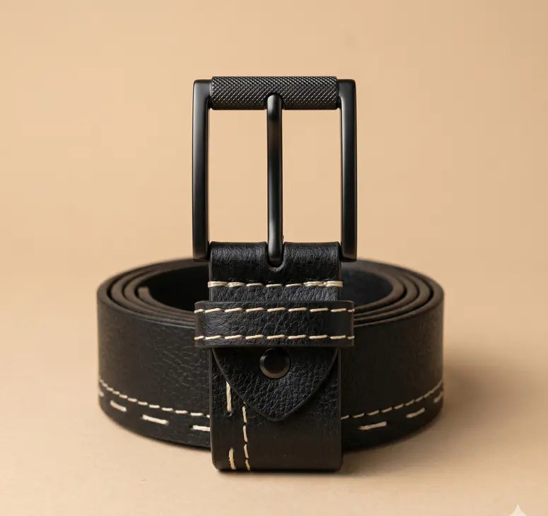Black leather belt with a buckle on a beige background