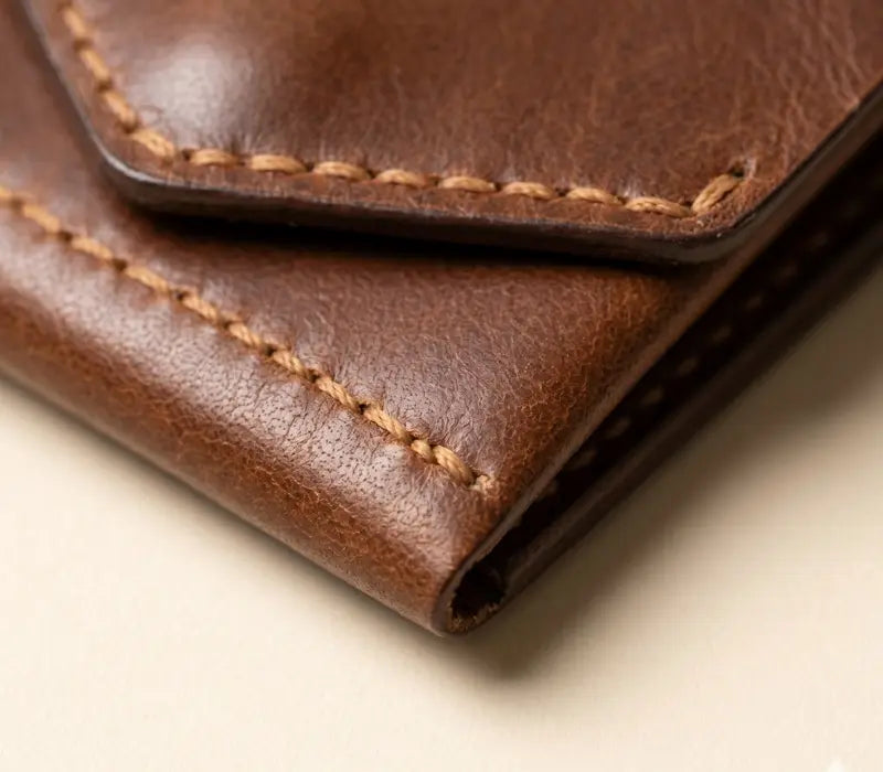 Close-up of a brown leather wallet with visible stitching on a beige background