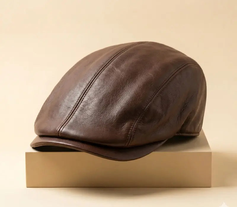 Brown leather cap on a beige block with a beige background