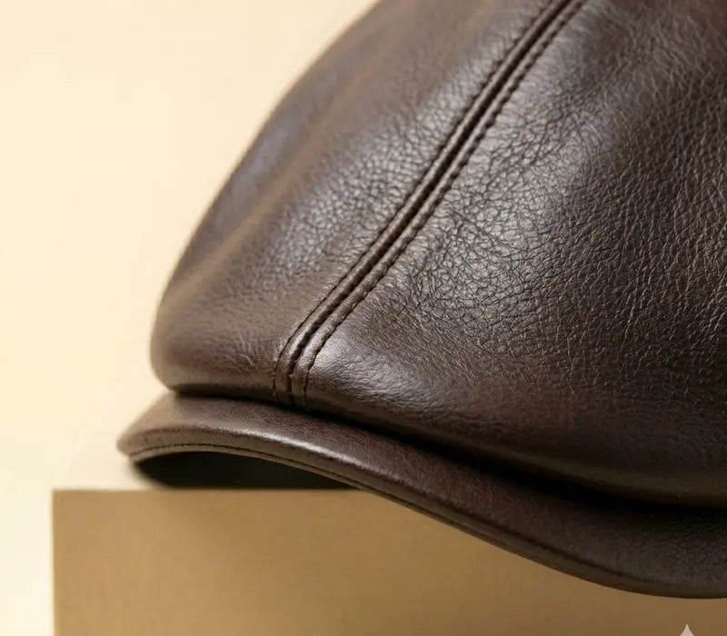 Close-up of a brown leather cap on a beige background