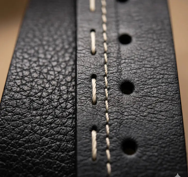 Close-up of a black leather strap with stitching details