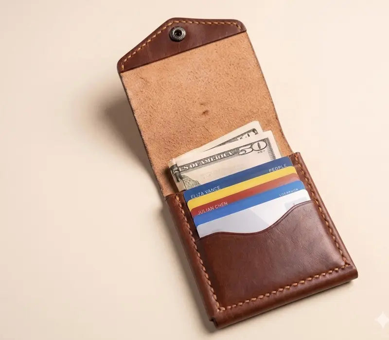 Brown leather wallet with money and cards on a beige background