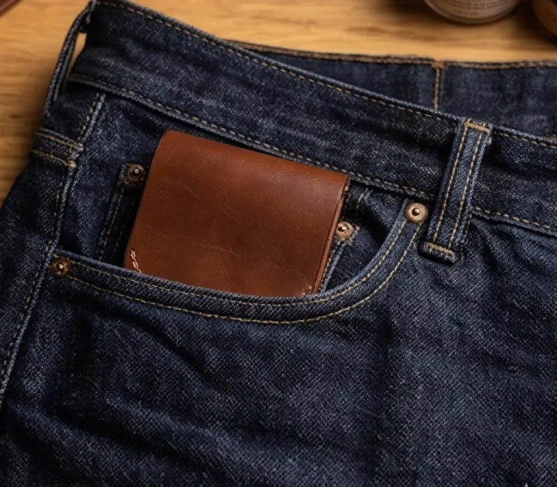 Brown leather wallet in the back pocket of blue jeans on a wooden surface