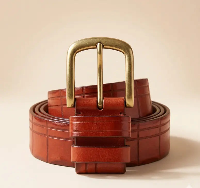 Brown leather belt with a gold buckle on a beige background