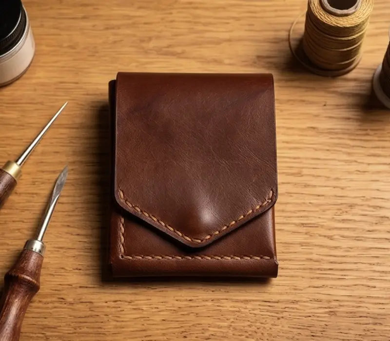 Brown leather wallet on a wooden surface with tools and spools of thread.
