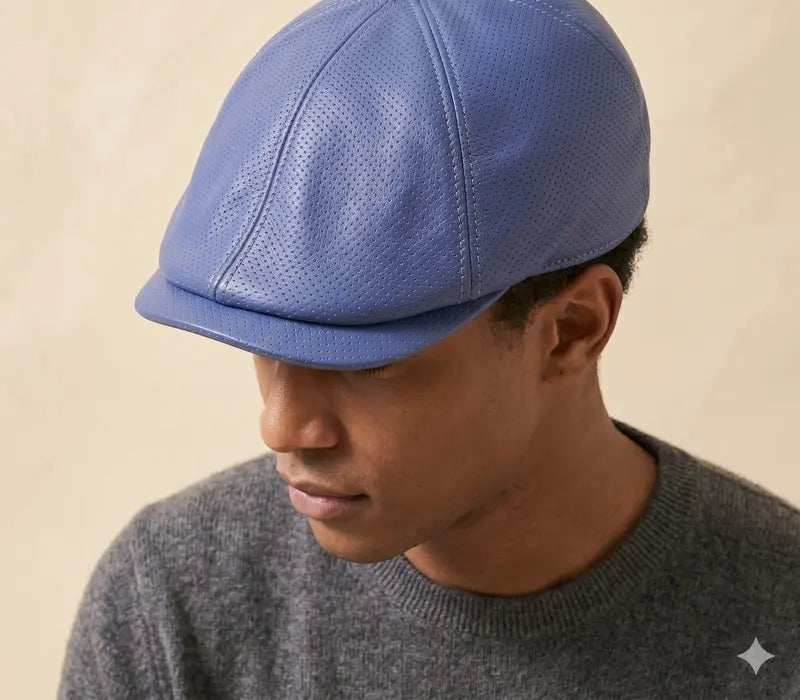 Person wearing a blue textured cap against a beige background
