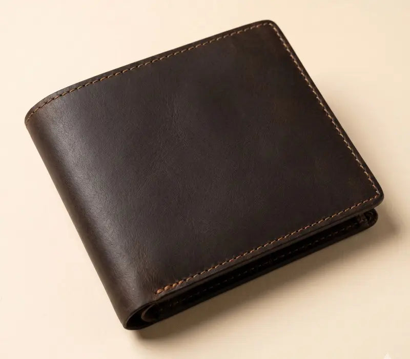 Brown leather wallet on a beige background