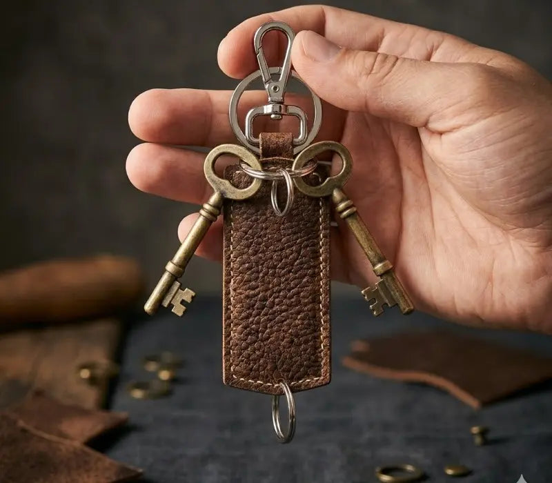 Hand holding a keychain with vintage-style keys and a brown leather tag against a dark background.