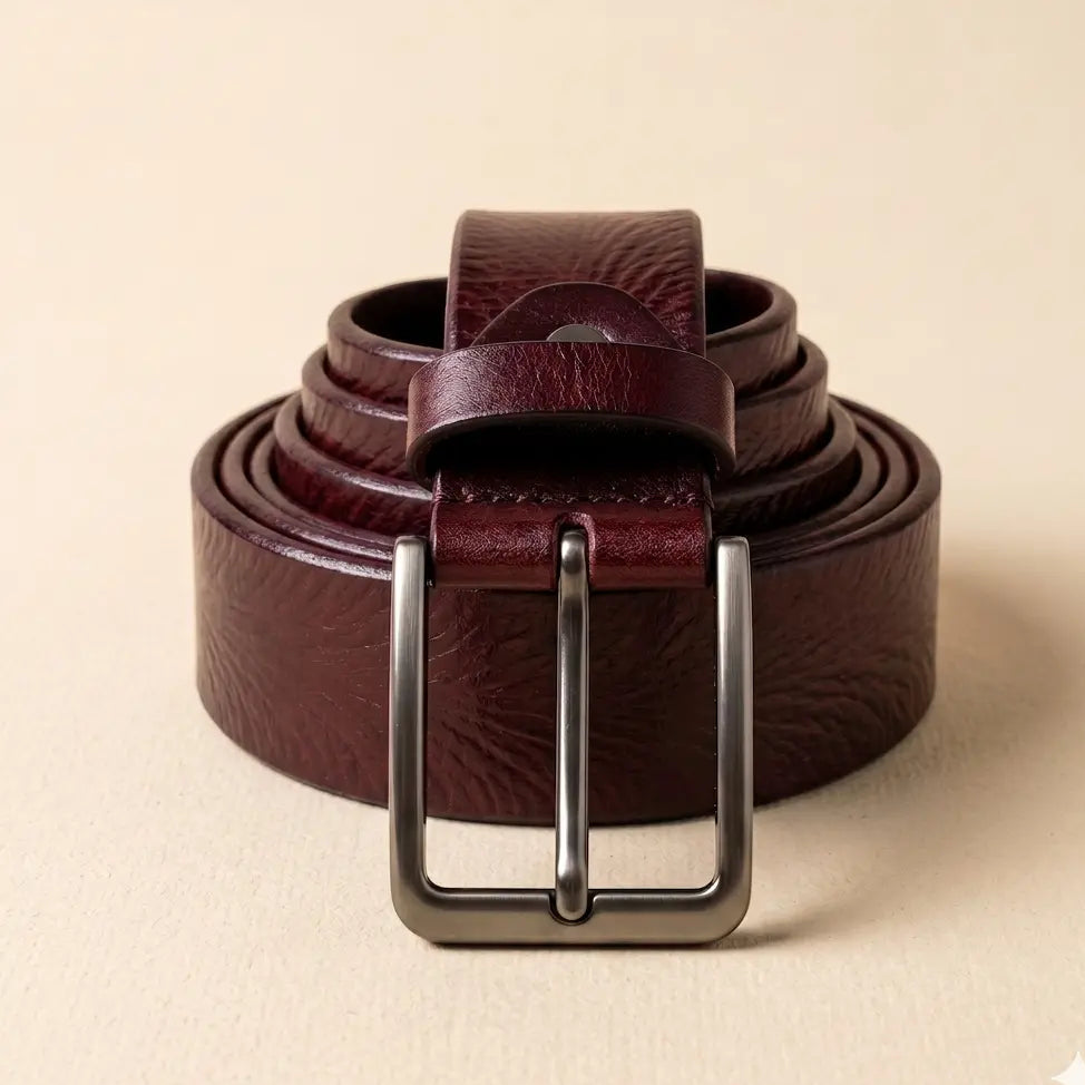 Brown leather belt with a silver buckle on a beige background