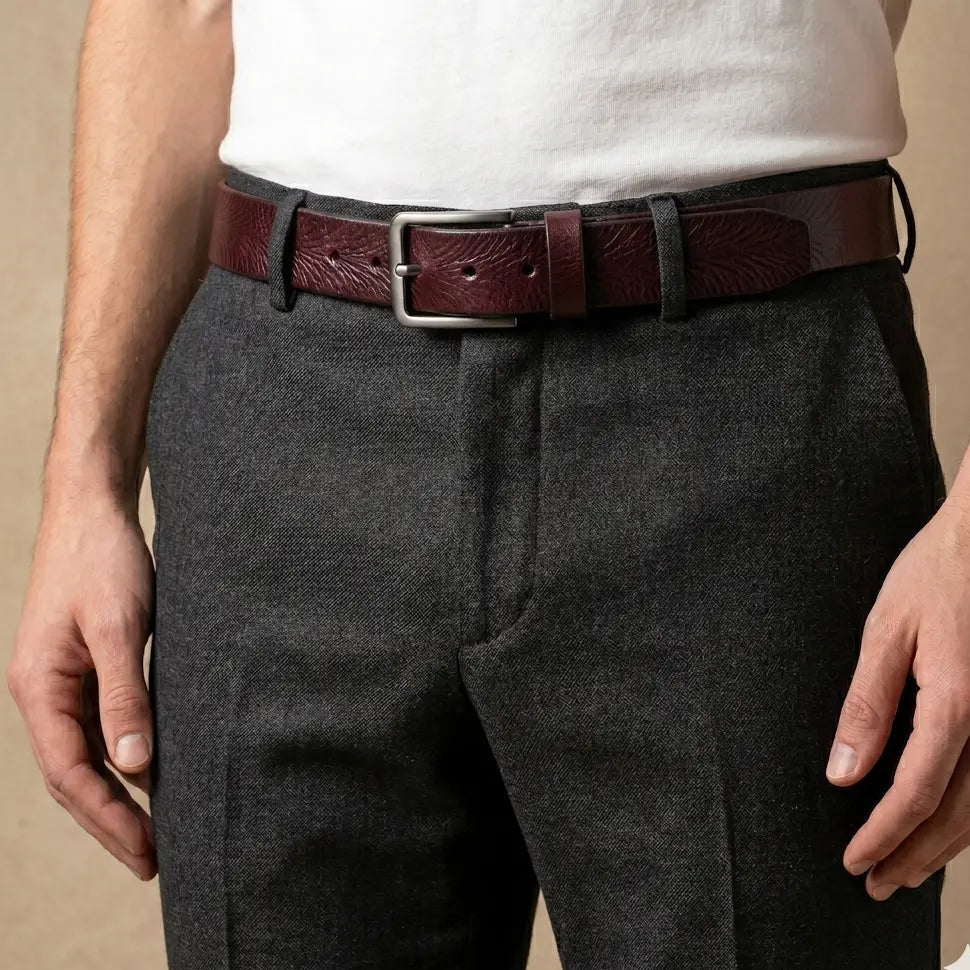 Person wearing gray pants with a brown belt on a beige background