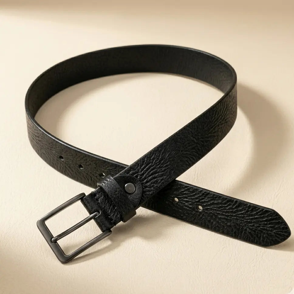 Black leather belt with a buckle on a beige background