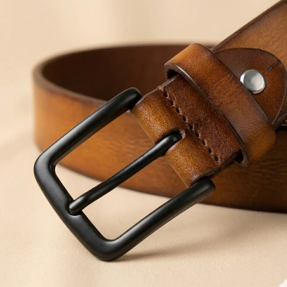 Brown leather belt with a black buckle on a beige background