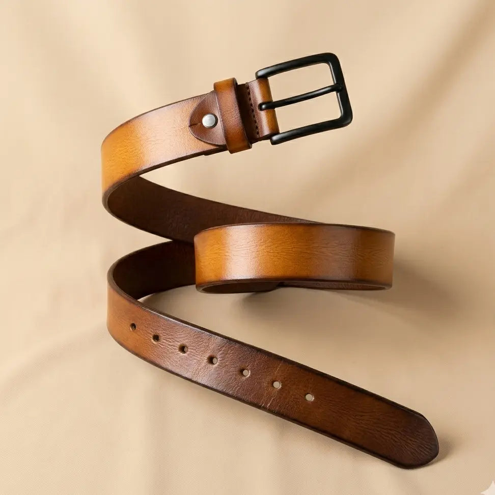 Brown leather belt with black buckle on a beige background