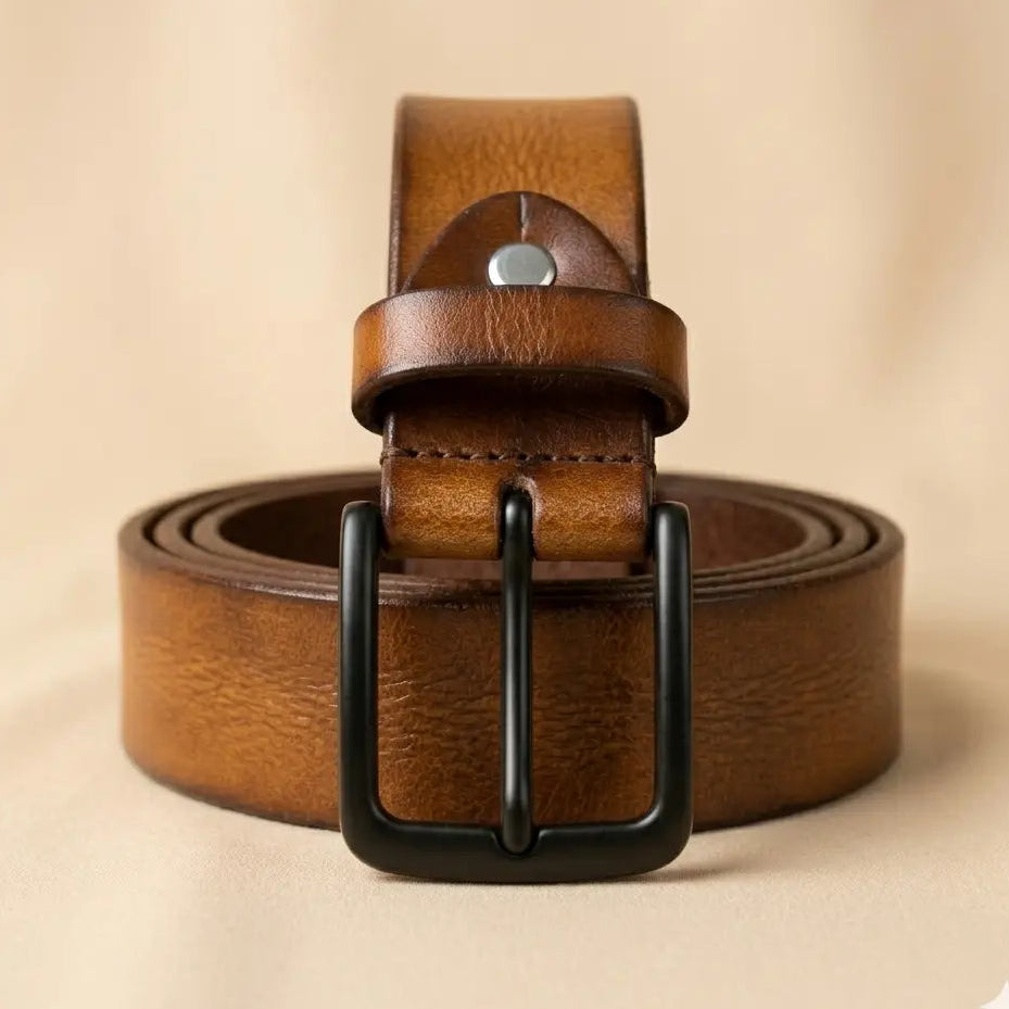 Brown leather belt with a black buckle on a beige background