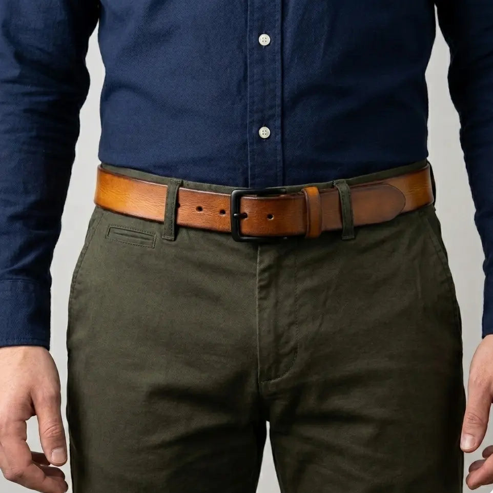 Person wearing a navy shirt, green pants, and a brown belt on a gray background