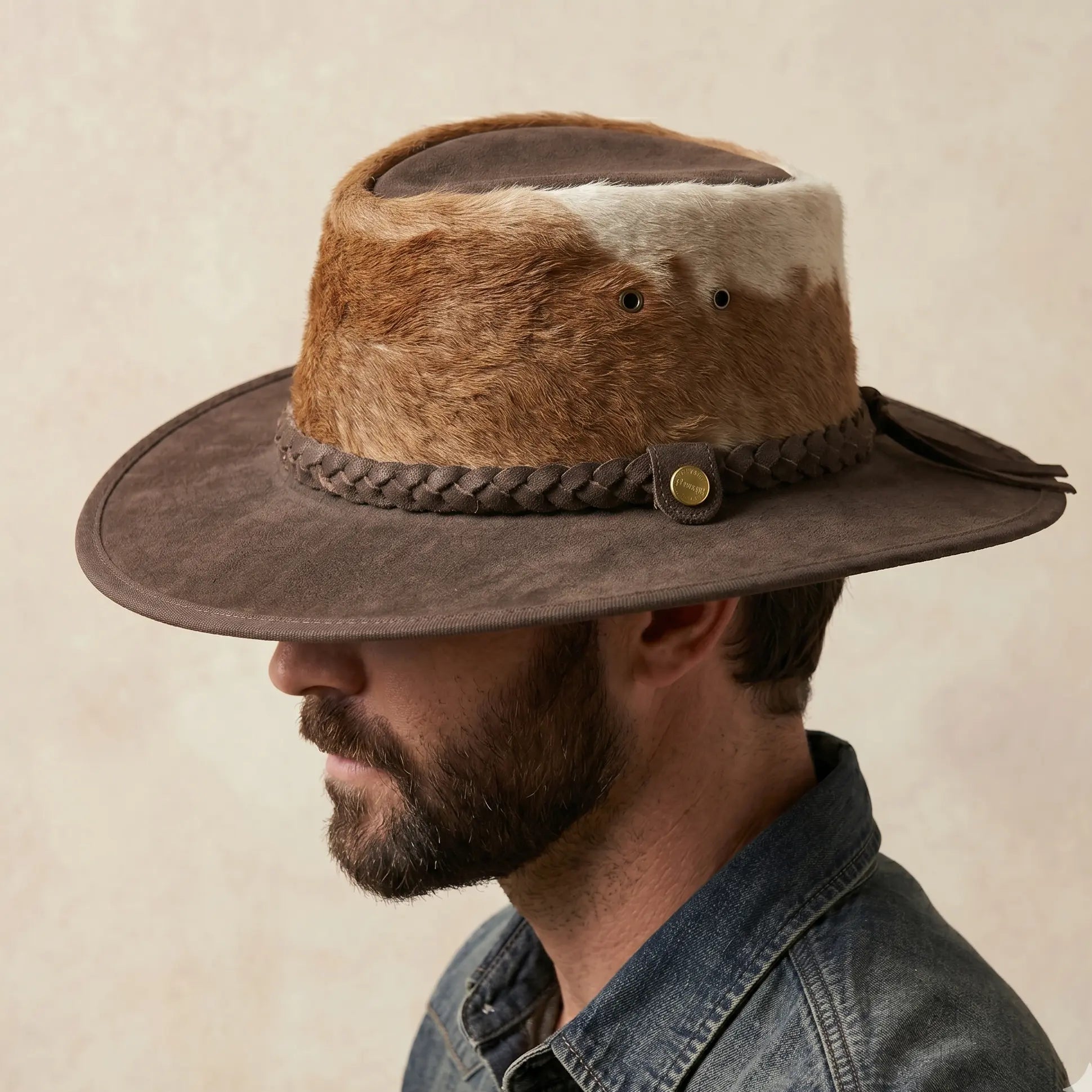 Man wearing a brown fur-trimmed hat with a beige background