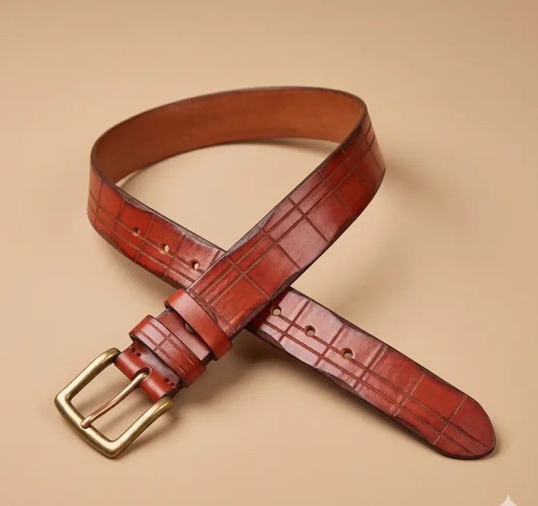 Brown leather belt with a gold buckle on a beige background